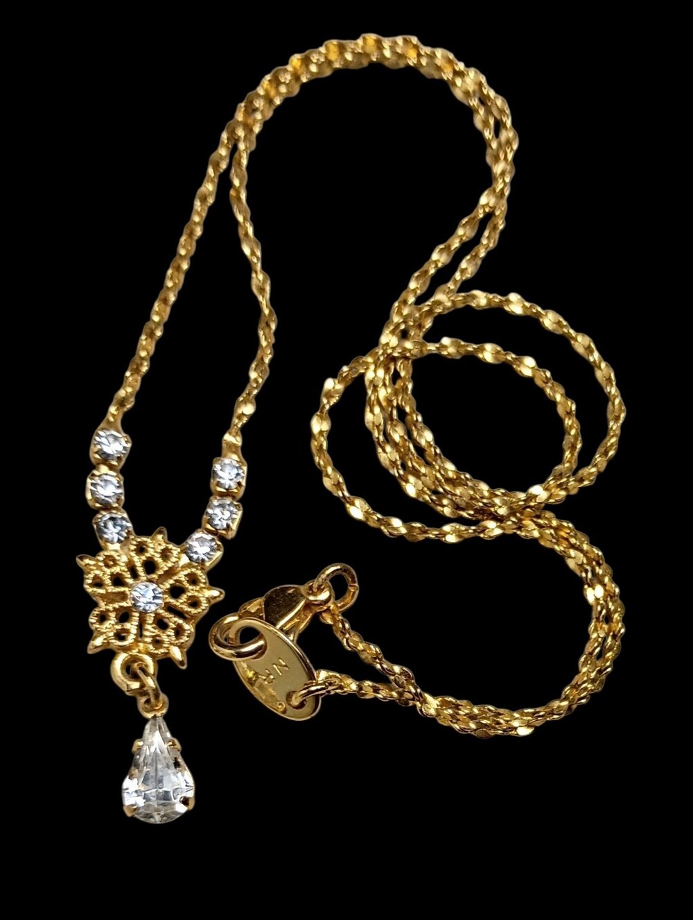 Vintage Nina Ricci Necklace Gold Toned Chain Rhinestones Pendant